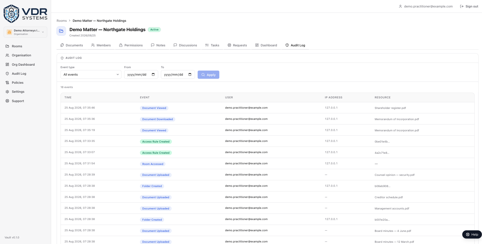The audit log for a case in Vault, listing each event with its time, type, user, IP address and the resource acted on