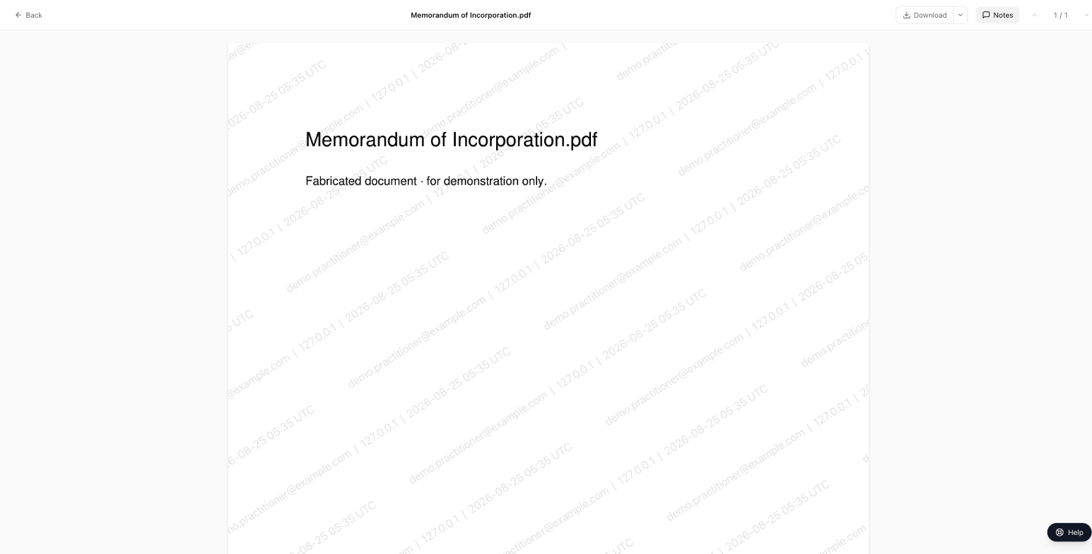 A document open in the Vault viewer, with a watermark showing the viewer's email address, IP address and the time